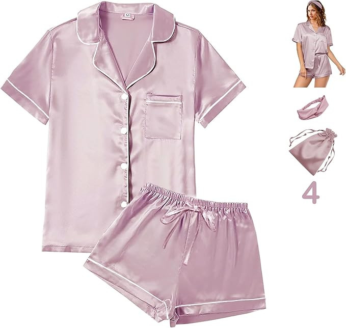 4Pcs Womens Satin Silky Pajama Sets Short Sleeve Shirt XS-4XL Floral Pajamas Set Soft PJ Loungewe... | Amazon (US)