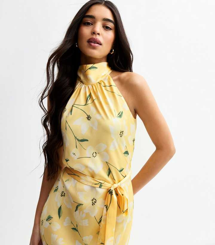 Yellow Floral Print Satin Halterneck Midi Dress | New Look | New Look (UK)