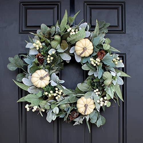 Fall White Pumpkin Wreath Home Decor Door Hanging Wreath, Thanksgiving Fall Pumpkin, Gourd, Eucalyptus, Lamb's Ear Wreath Decoration 18 in. | Amazon (US)