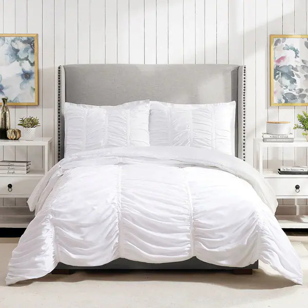 Porch & Den Pastern White Ruched Comforter Set - King - 3 Piece | Bed Bath & Beyond