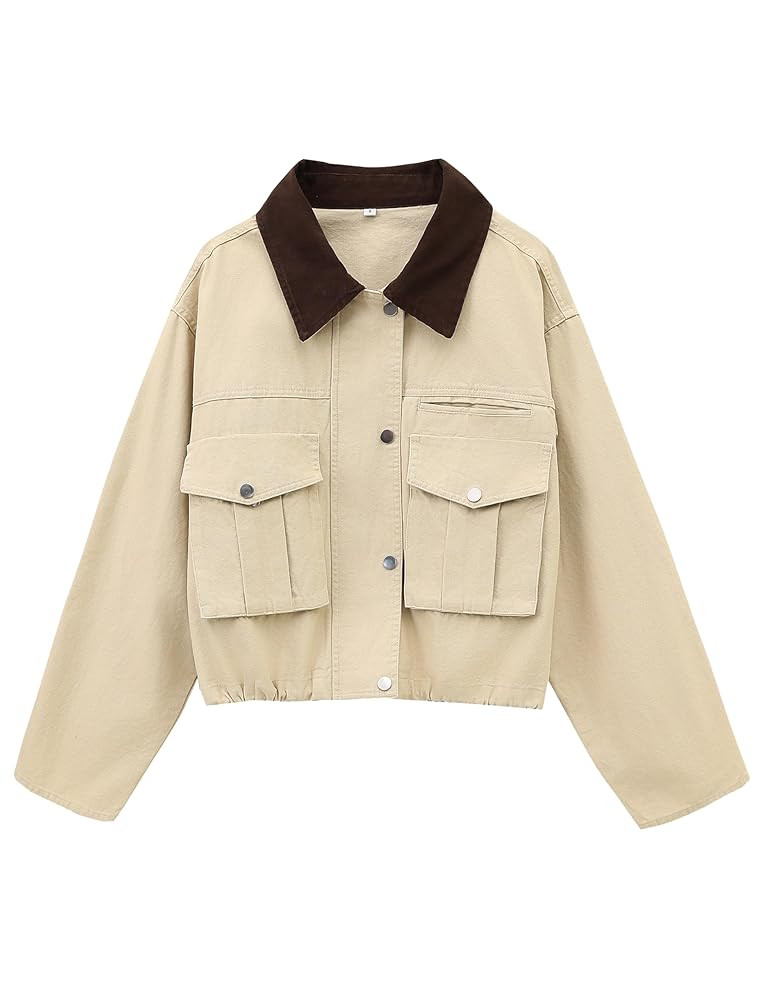 Womens Cropped Jacket Contrast Collar Utility Coat Cargo Jacket Barn Jacket Outwear with Pockets | Amazon (US)
