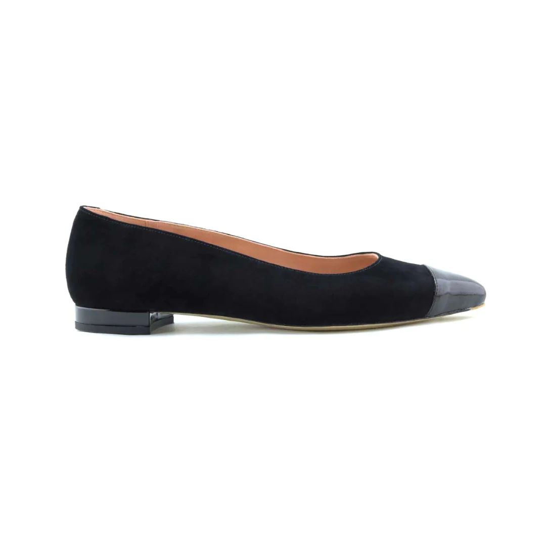 Black Suede with Black Patent Leather Cap Toe Flat | ALLY Shoes