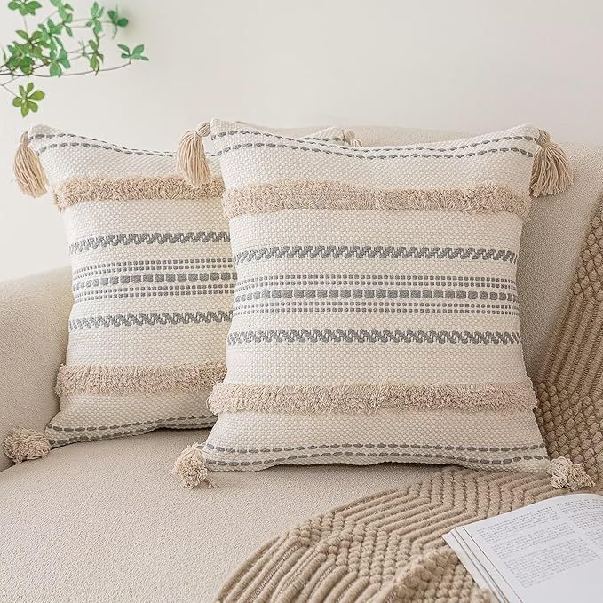 Boho Throw Pillow Covers 18x18 Set of 2 Woven Tufted Farmhouse Pillows Cover with Tassels Texture... | Amazon (US)