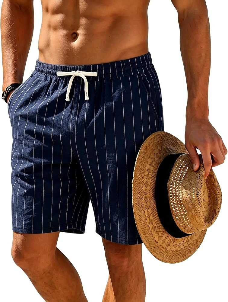 Mens Linen Shorts Casual Drawstring Elastic Waist Lightweight Breathable 7 Inch Inseam Summer Bea... | Amazon (US)