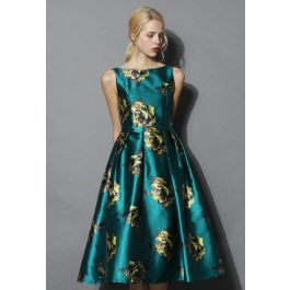 Peonies Print Prom Dress in Emerald | Chicwish