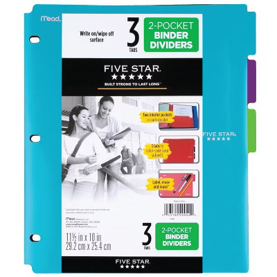 Mead Five Star 2 Pocket Binder Dividers - 3 Tabs - Tidewater/Amethyst/Gray | Target