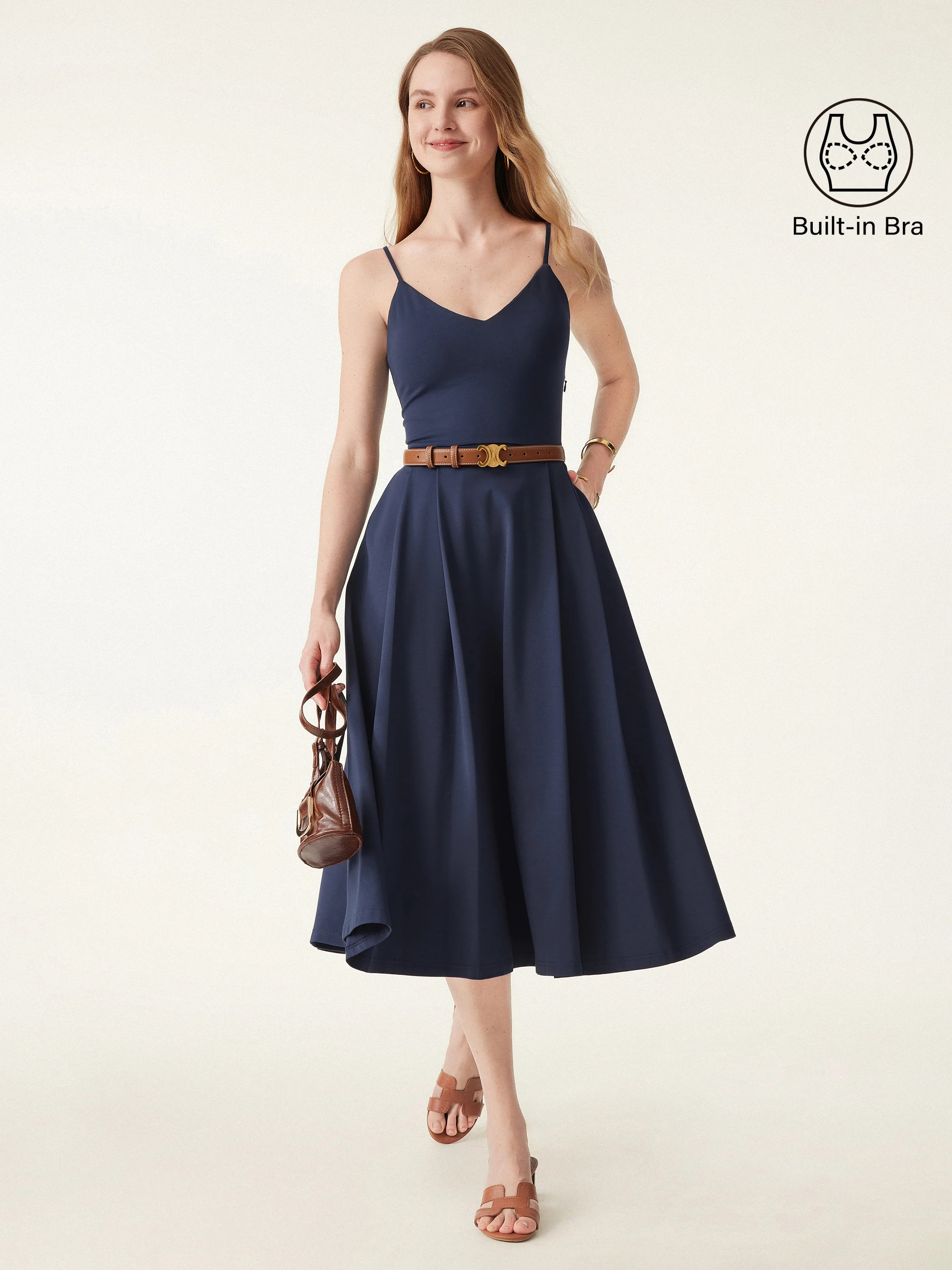 Bamboo Ponte V-neck Fit-and-flare Midi Bra Sundress with Pockets | OGLmove