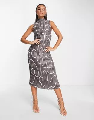 ASOS DESIGN satin plisse midi dress with high neck in abstract print | ASOS (Global)