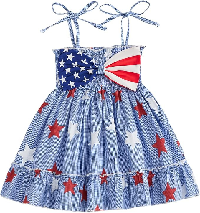 Kayotuas 4th of July Toddler Girl Outfit Smocked USA Dress Sleeveless Tie Strap Fouth of July Dre... | Amazon (US)