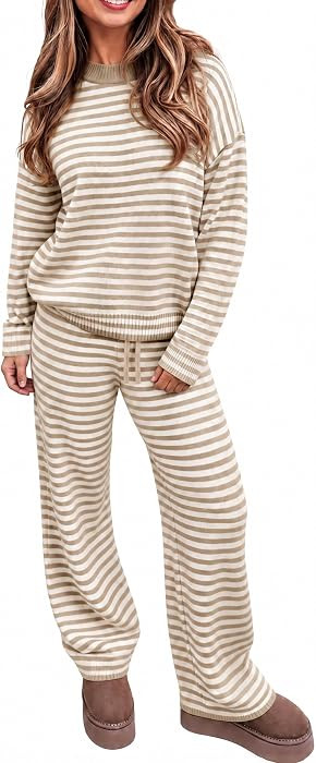 Tankaneo Womens Sweater Set 2 Piece Striped Set Fall Oversized Lounge Sets | Amazon (US)