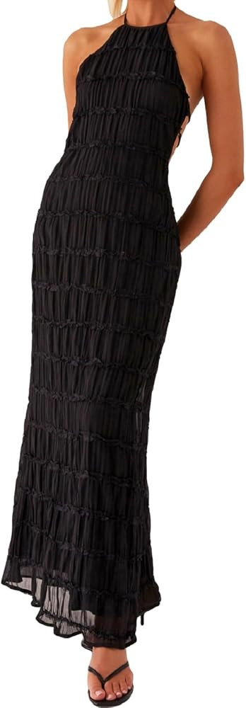 Women Backless Maxi Beach Dress Spaghetti Strap Halter Smocked Long Dress Flowy Vacation Sundress | Amazon (US)