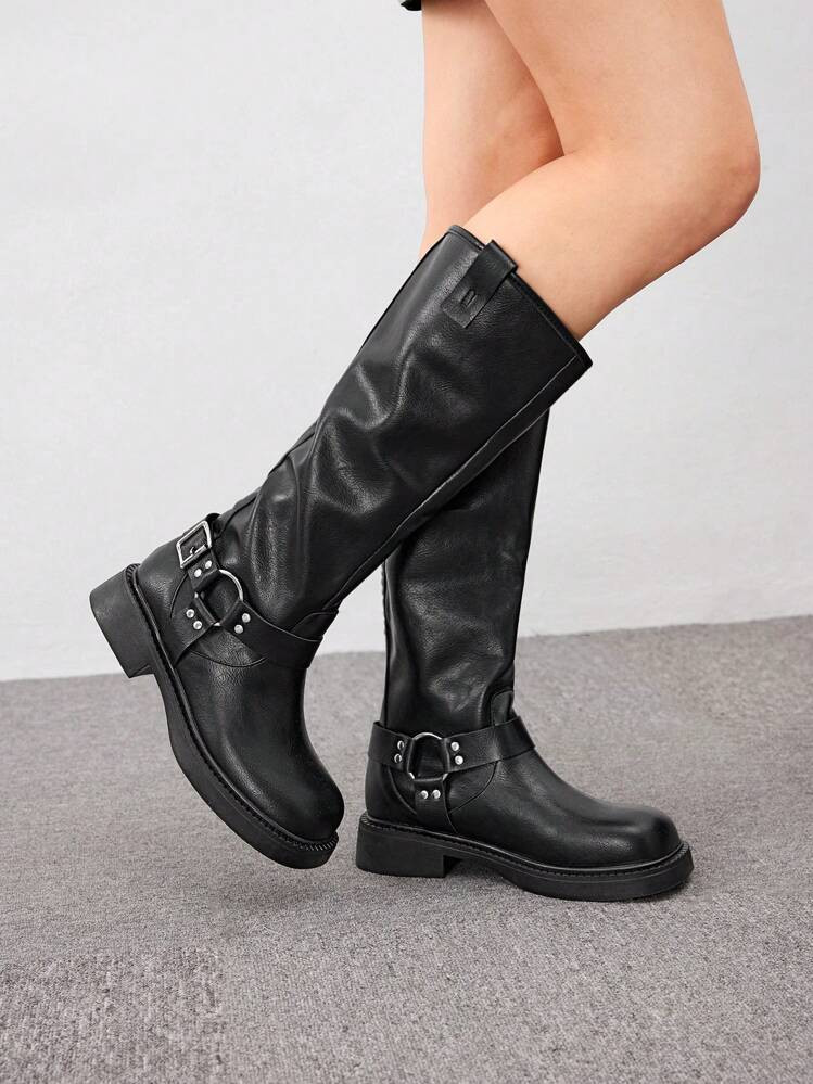 Sugerpunk Women's Buckle Decorated Round Toe Fashion PU Leather Black Combat Boots For Outdoor We... | SHEIN