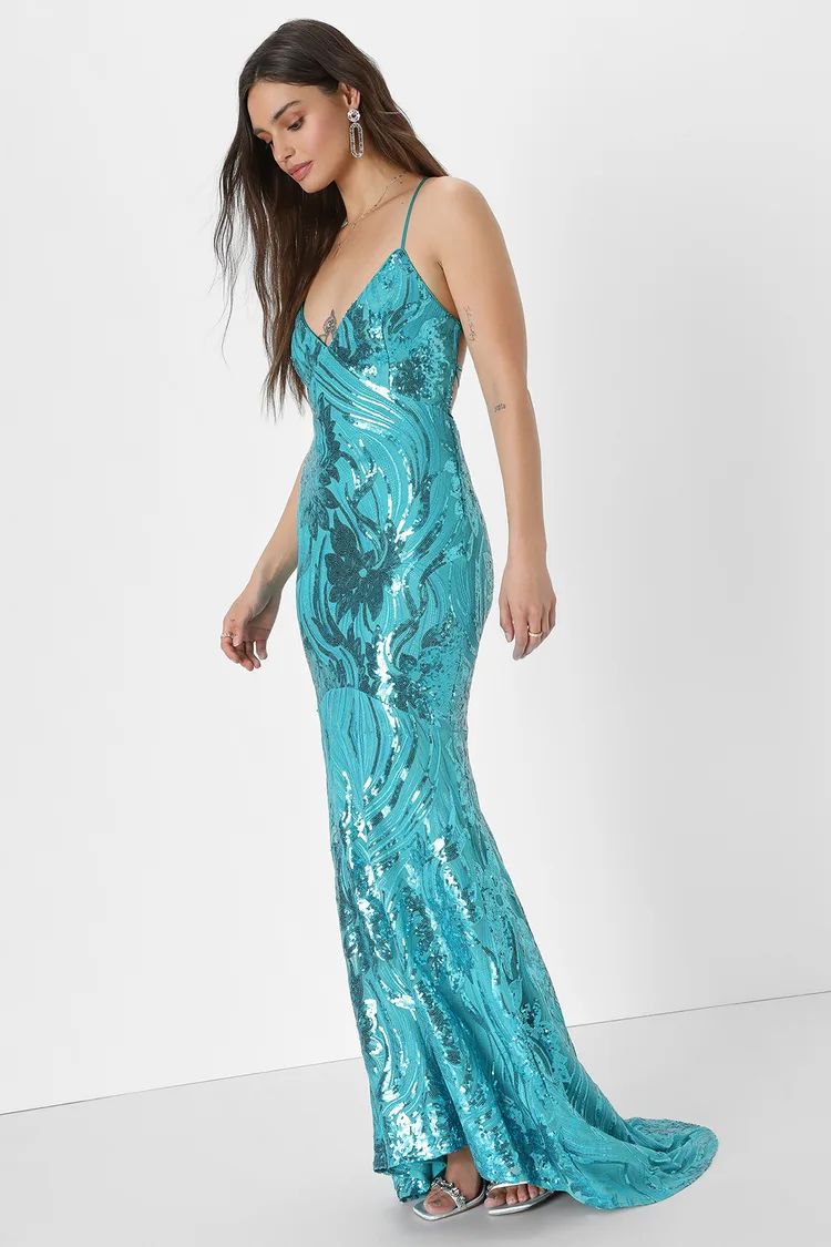 Daring Debut Teal Sequin Lace-Up Mermaid Maxi Dress | Lulus (US)