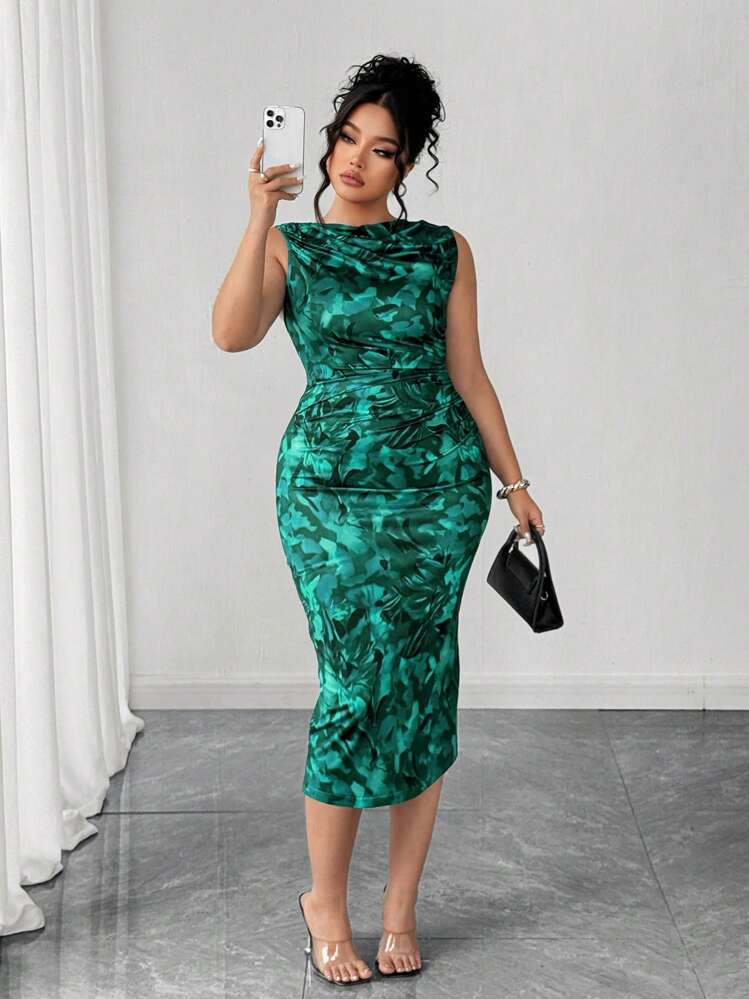Elenzga Halloween Plus Size Women Floral Elegant Navy Blue Sleeveless Fitted Dress With Slit, Suitable For Banquets, Birthday Parties, Dates And Other Occasions, Spring/Summer | SHEIN