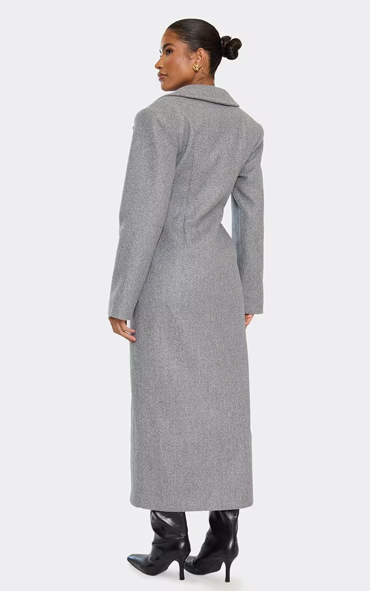 Long Sleeve Cinched Waist Blazer Wool Look Maxi Coat In Grey | EGO Shoes (US & Canada)