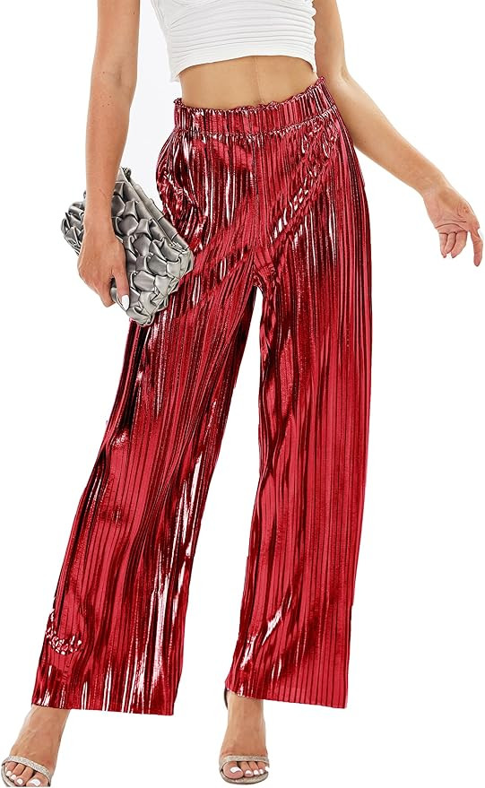 heipeiwa Women's Shiny Pleated Wide Leg Pants Party Nightout High Elastic Waist Trouser Outfit Cl... | Amazon (US)