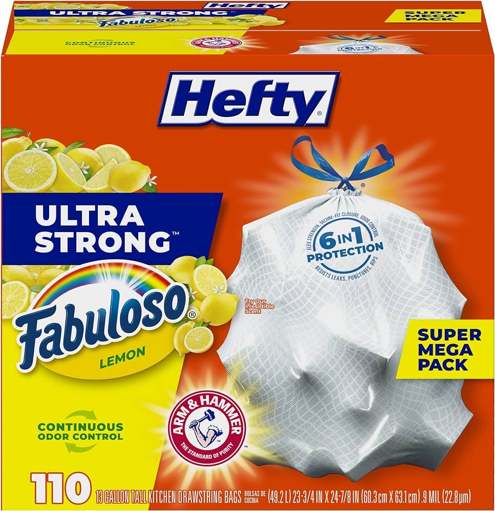 Hefty Ultra Strong Tall Kitchen Trash Bags, Fabuloso Lemon Scent, 13 Gallon, 110 Count | Amazon (US)