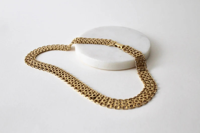 Vintage Monet Collar Fancy Link Decollate Necklace. 1980's Monet Gold Plated Flexible Weave Style... | Etsy (US)