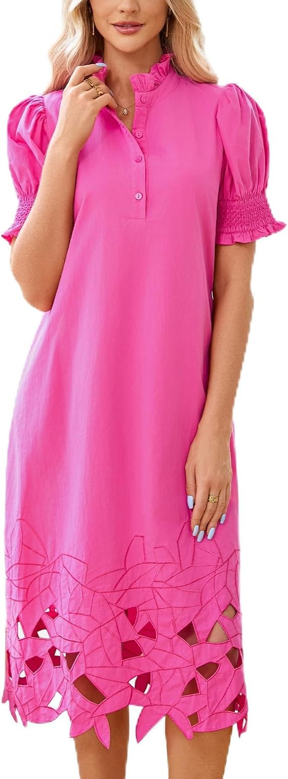 YEXPINE Women’s Hollow Embroidered Puff Sleeve Midi Dress Elegant High Neck Ruffle Collar A Lin... | Amazon (US)