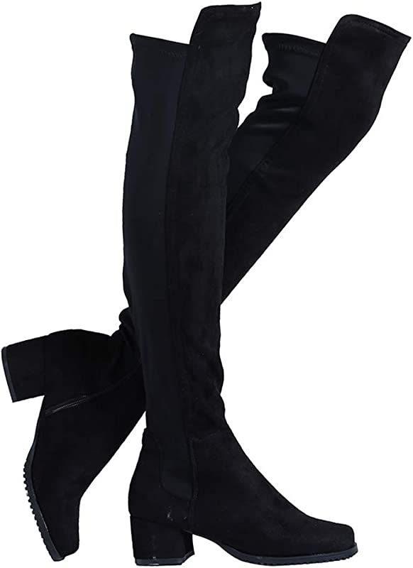 Shoe'N Tale Women Faux Suede Chunky Heel Stretch Over The Knee Thigh High Boots | Amazon (US)