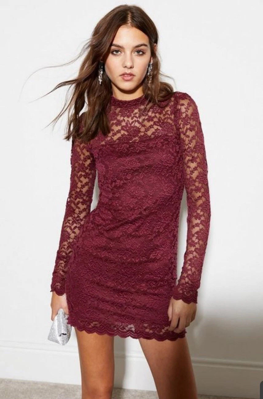 Burgundy Lace Long Sleeve Bodycon Mini Dress | eBay UK