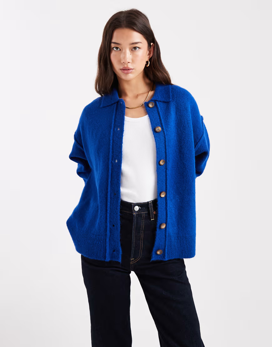 ASOS DESIGN knitted collar shirt cardigan with seam detail in cobalt-Blue | ASOS (Global)
