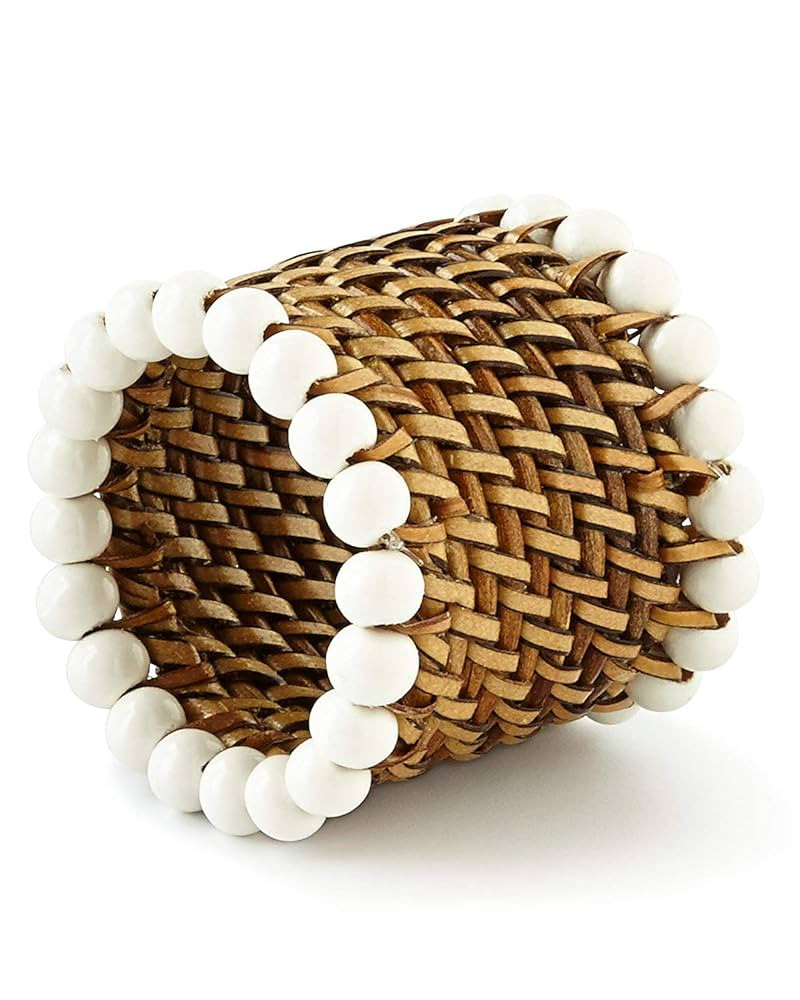 Set of 4, Woven Round Bead-Rimmed Napkin Rings, White, Imported | Amazon (US)