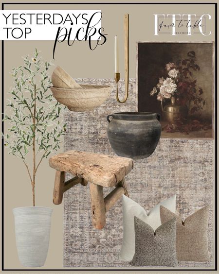 Yesterday’s Top Picks. Follow @farmtotablecreations on Instagram for more inspiration.

Vintage Vase Pot Grey Black Old Clay Pot Antique Pottery Black Vase. 5 ft Artificial Olive Plants with Realistic Leaves and Natural Trunk, Silk Fake Potted Tree with Wood Branches and Fruits, Faux Olive Tree for Office Home Decor. Moody Vintage Floral Still Life. Becki Owens x Surya Marlene Vintage Dark Brown Area Rug. Julian Forged Iron Wall Sconce. Paper Mache Bowl. Wooden Stool Vintage Small Old Rustic Elm Wood Display Riser Stand Stool Kitchen Stool Bathroom Stool Kid Bench Stool Entryway Bench. Better Homes & Gardens Terrence 15" Wide Round Resin Vase, Cement Color. Serene Pillow Cover Set Hackner Home. 

#LTKfindsunder50 #LTKhome #LTKsalealert