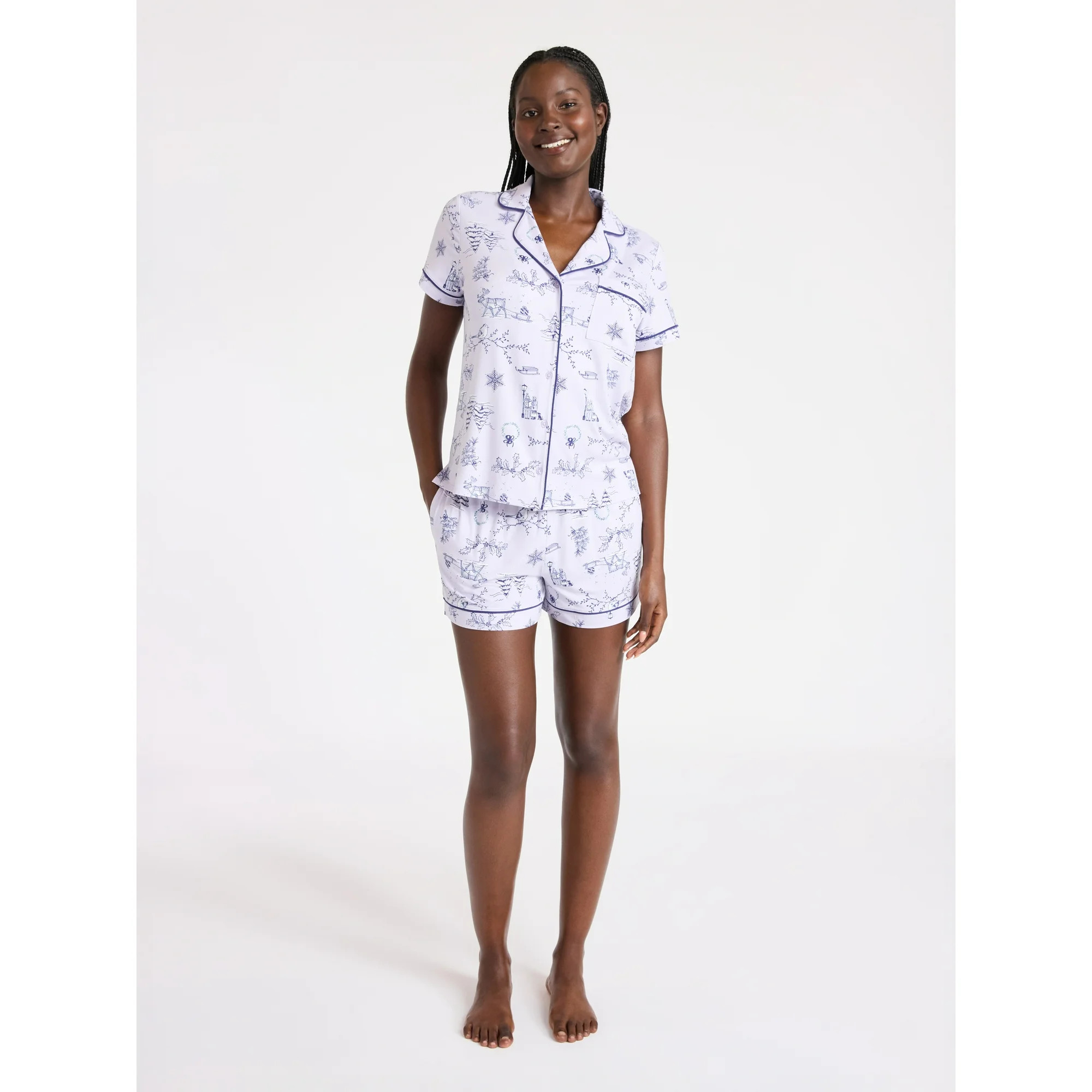 Joyspun Women’s Dreamy Soft Collection Notch Collar Knit Top and Boxer Shorts Pajama Set, Sizes... | Walmart (US)