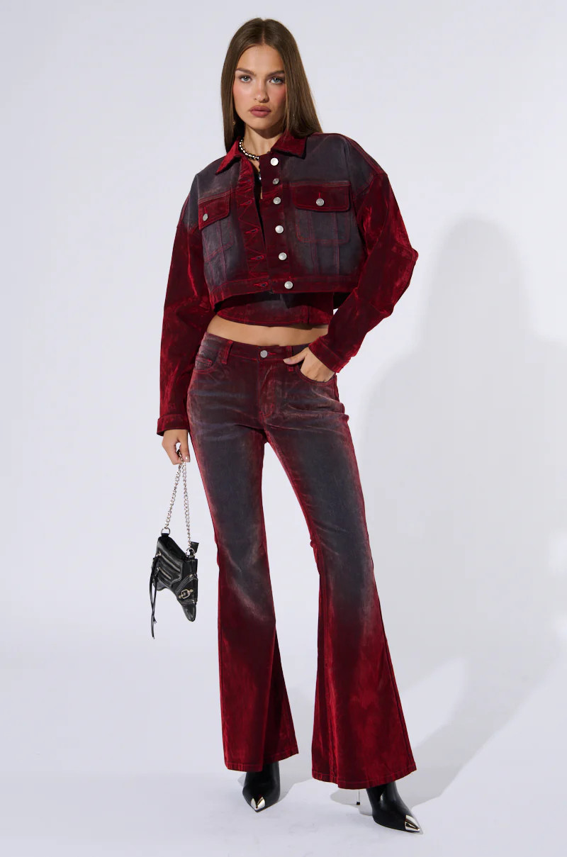CRYSTAL VELVET DENIM PANT IN RED | AKIRA