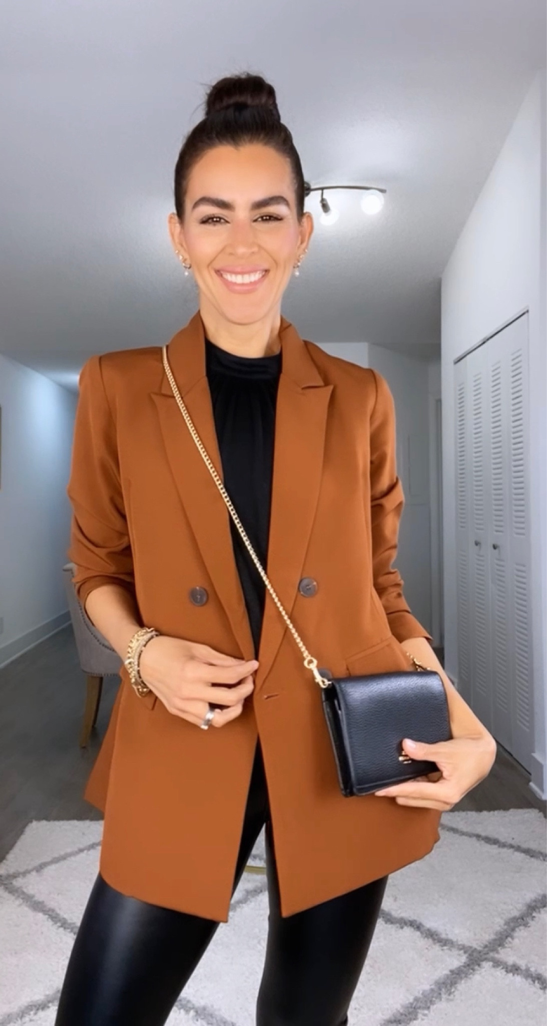 Ootd! Wearing a size M in the blazer, S in the top and leggings. Bag from Coach is on sale! Adding similar boots. 
Date nigh outfit. Faux leather leggings, blazer, casual outfit, brown blazer, black boots lipstick is bare pop from Clinique 

#LTKstyletip #LTKFind #LTKsalealert