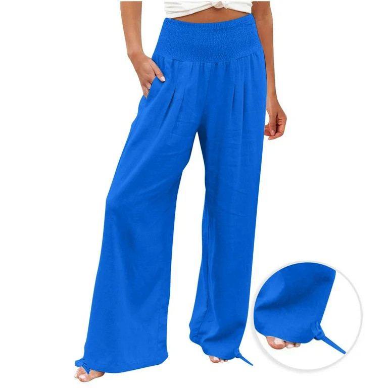 Felirenzacia Women's Casual Breathable Lightweight Wide Leg Cotton Pants with Pockets Smocked Wai... | Walmart (US)