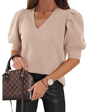 Women's Puff Short Sleeve Sweater Tops 2024 Spring Summer Trendy Crew/Square/V Neck Casual T Shir... | Amazon (US)