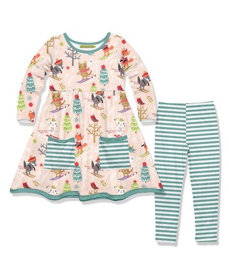 Light Pink Woodland Skiers Front-Pocket A-Line Dress & Stripe Leggings - Toddler & Girls | Zulily