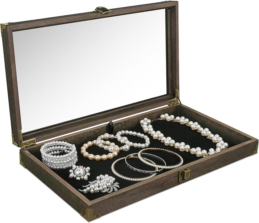 MOOCA Wooden Tempered Glass Top Jewelry Display Case with Metal Hinge and Removable Black Luxurio... | Amazon (US)