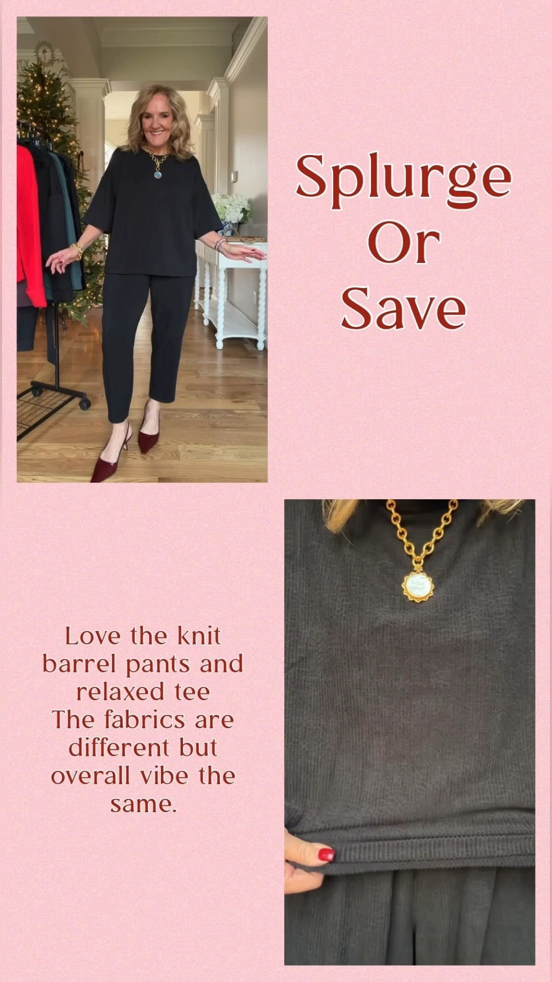 Spanx air essentials is lightweight amazing special fabric. Wearing a medium top and medium petite barrel pant. 

Nordstrom rack fabric is also knit. A ribbed knit that’s heavier than air essential. Wearing a medium in top and bottom. 

Save and splurge NYE black outfit 

#LTKFindsUnder50 #LTKHoliday #LTKOver40