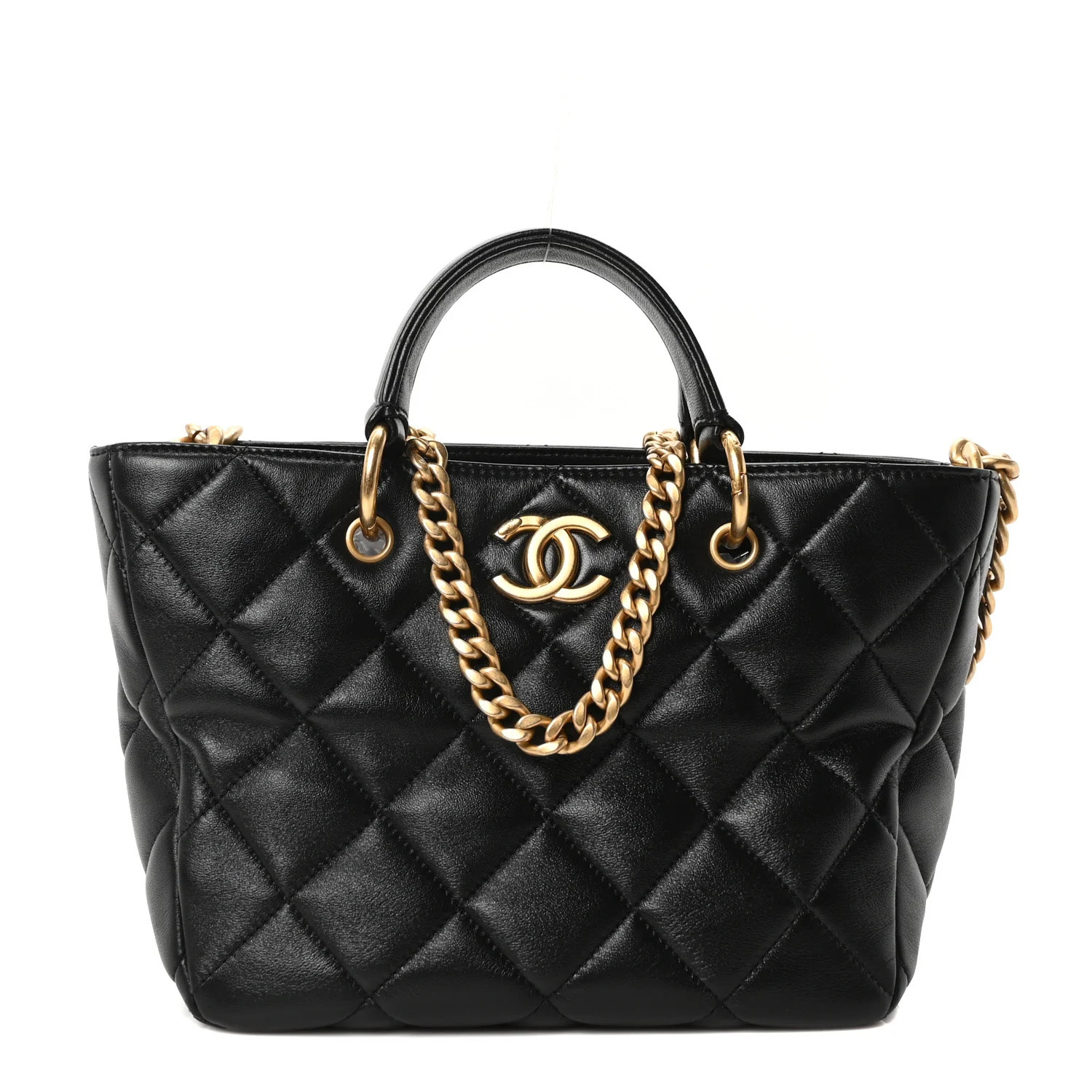 Lambskin Quilted Small Top Handle Shopping Bag Black | FASHIONPHILE (US)
