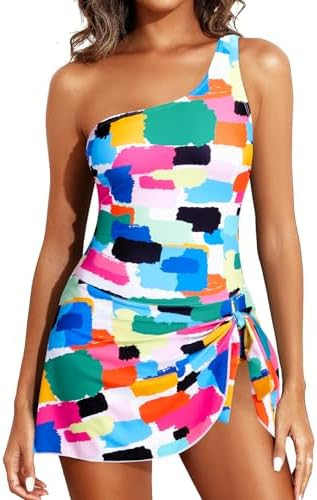 Tempt Me Women One Piece Swim Dress One Shoulder Swimsuit with Skirt Tummy Control Swimdress Bath... | Amazon (US)