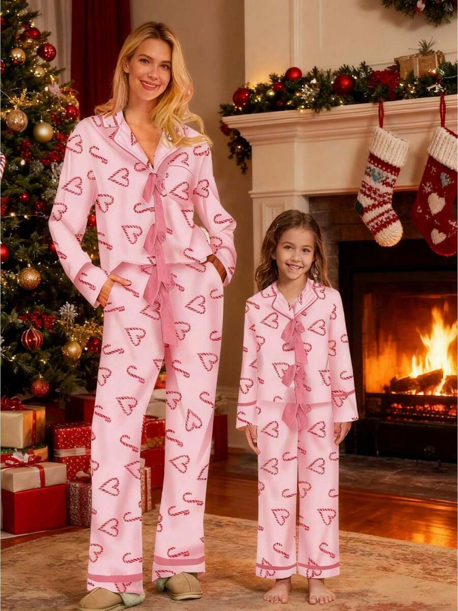 Mommy And Me Matching Christmas Bow Tie Front Pajamas Set For Women Girls Bow Heart Print Long Sl... | SHEIN