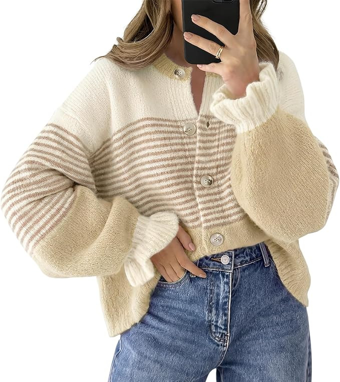 Saodimallsu Womens 2026 Fall Trendy Striped Cardigan Sweaters Ruffle Sleeve Button Up Loose Color... | Amazon (US)