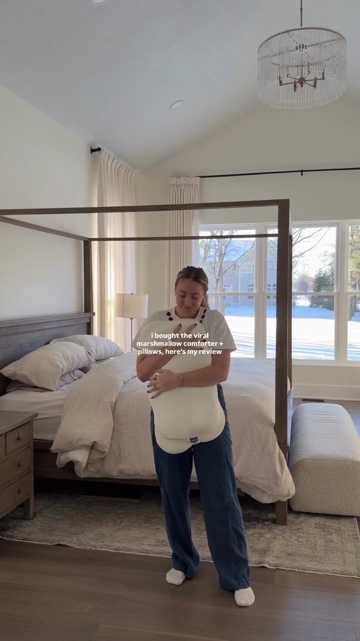 wait im obsessed ☁️ here’s my review 

tap follow and comment a 🤍 for direct links to shop this space and follow along for more home inspo, DIY + mom life 

for my hubbys birthday i surprised him with the viral @mellow.sleep marshmallow comforter and pillow, and we have been so happy with the plush softness of the comforter and being side sleepers we LOVE the cloud pillows ✨ they are slightly more firm but i have noticed I’ve had better sleep and less neck pain. 

our comforter on top is @onequince and our throw pillows are @woven.nook (my fave) 

also linking my @caliafitness jeans which are SO comfy 

#primarybedroom #homeinspo #canopybed #DIY #marshmallowcomforter

#LTKmomlife #LTKootd #LTKHome