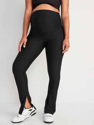 Maternity Rollover-Waist PowerSoft Rib-Knit Split-Hem Flare Leggings | Old Navy (US)