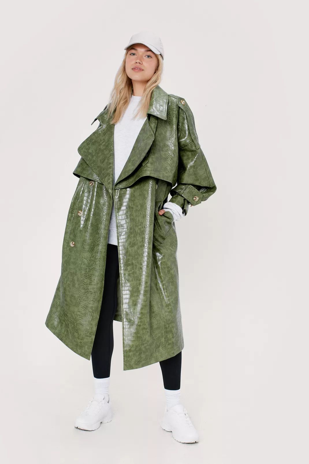 Faux Leather Croc Print Oversized Trench Coat | Nasty Gal (US)