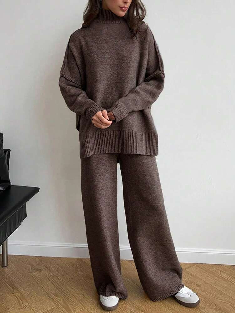 Cévolie 2pcs/Set Women Solid Color Stand Collar Long Sleeve Top And Long Pants Sweater Set | SHEIN