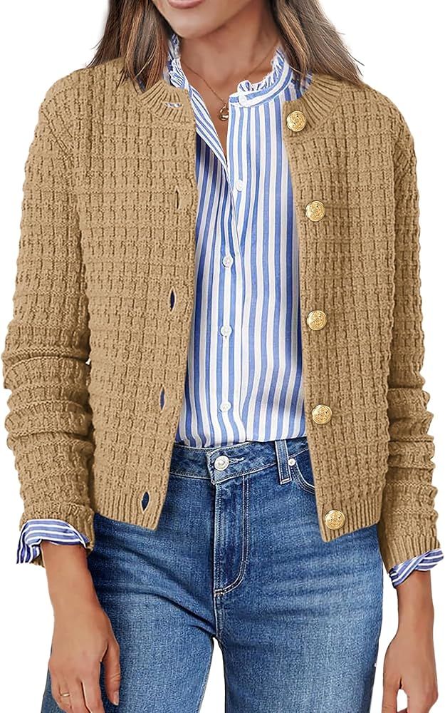 Zeagoo Women's 2024 Knit Cardigan Sweaters Long Sleeve Open Front Button Down Crew Neck Tweed Cropped Jackets | Amazon (US)