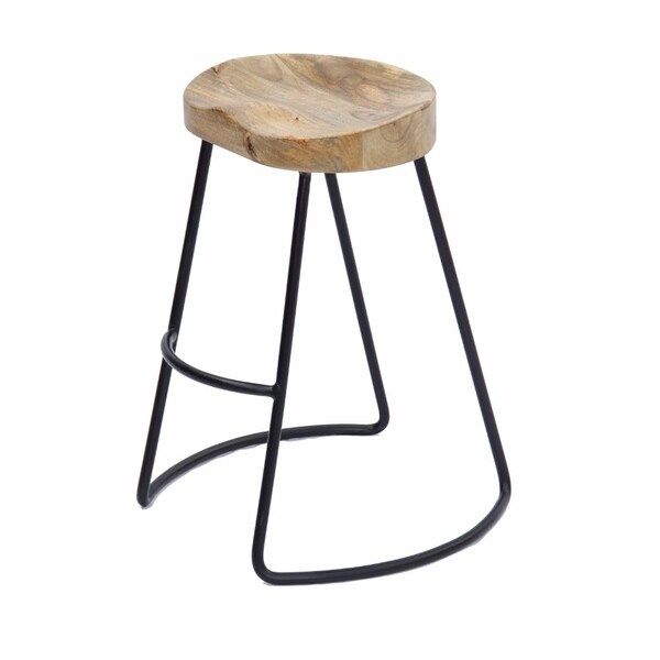 Wooden Saddle Seat Bar Stool with Iron Base, Small, Brown and Black | Bed Bath & Beyond