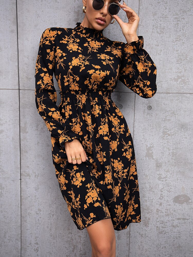 Floral Print Ruffle Neck Flounce Sleeve Shirred A-line Dress | SHEIN