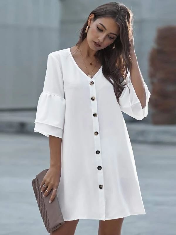 Flounce Sleeve Button Up Tunic Dress | SHEIN