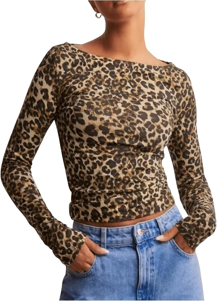 Women's Long Sleeve Leopard Print T Shirts Boat Neck Slim Fit Tee Shirts Streetwear | Amazon (US)