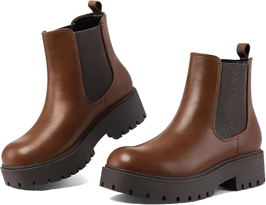 mysoft Women's Chelsea boots Low Heel Slip On Lug Sole Elastic Ankle Booties | Amazon (US)